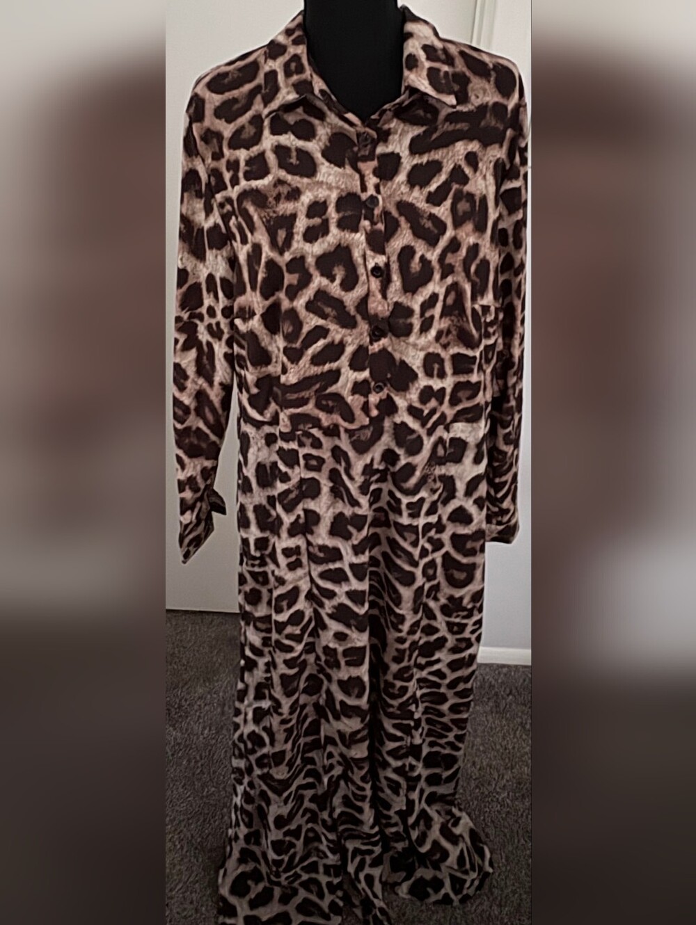 H&M Leopard-Print Long Button-Front Dress- Brown/Cream